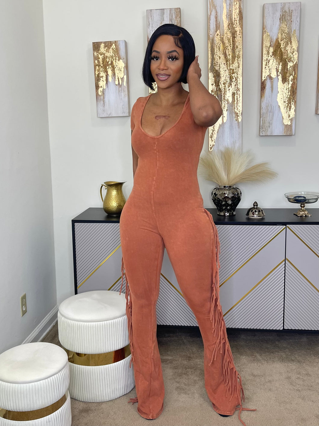 Fringing For You Jumpsuit(Rust)