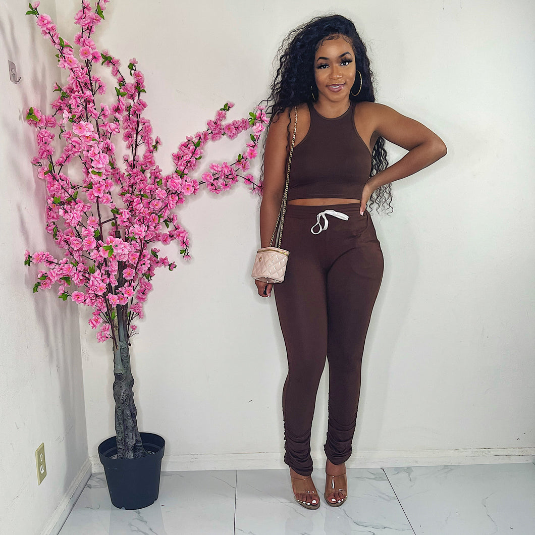 Focus On Me Rushed Pants Set (Brown)