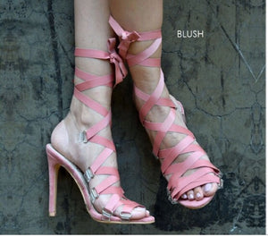 Stapped Satin Ribboned Sandal (Blush)