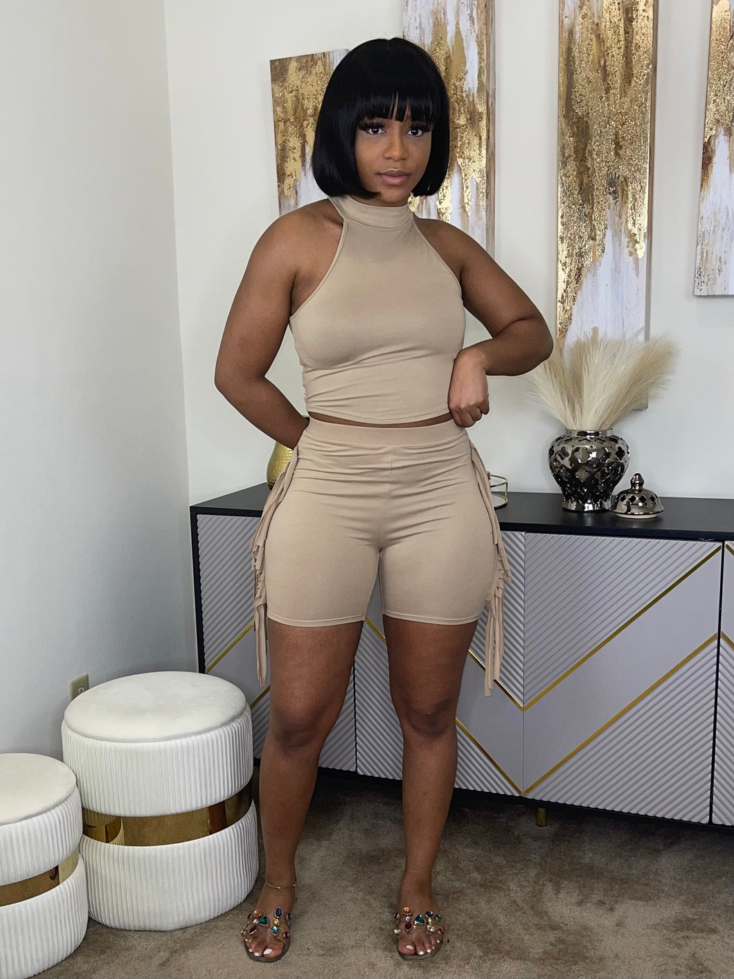 Summer Fringe Biker Set(Tan)