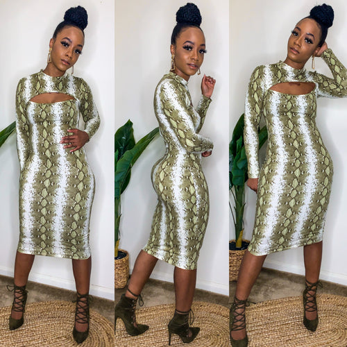 Snake Goddess Midi Dress (Olive)